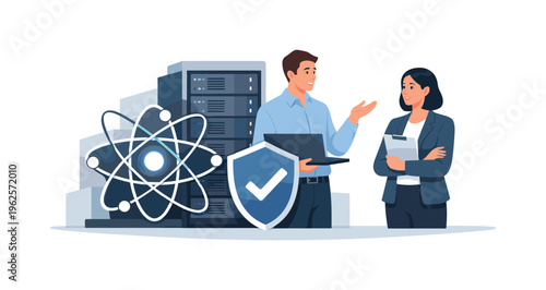 Future-oriented computing infrastructure and secure data processing using quantum principles, represented by a server unit combined with a quantum node symbol and a protective