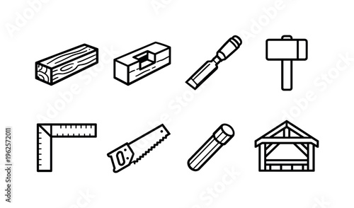 Timber framing carpentry: wooden beam, mortise joint, chisel tool, mallet hammer, measuring square, hand saw, wooden peg, frame structure