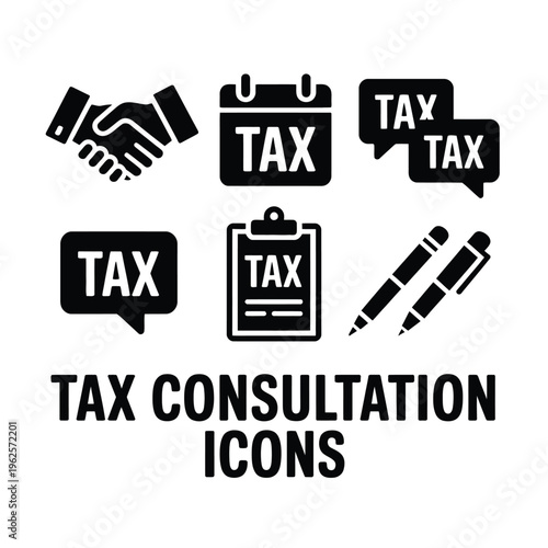 Tax icons for consultation and financial services in black and white