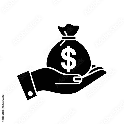 Money bag icon with a hand holding it in black silhouette