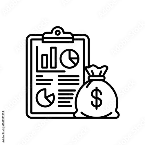 Money bag icon with a clipboard and financial charts illustration