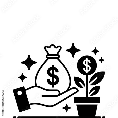 Money bag icon with growing plant and hand holding it
