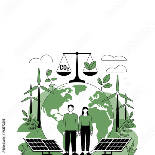 Earth icon with people standing in front of solar panels and wind turbines