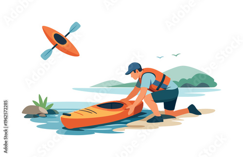 A kayak launching scene where a person prepares and pushes a small boat into water in a natural setting with controlled movement and balance, a kayak and a
