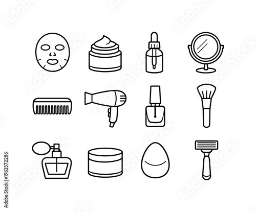 Beauty and care set: facial mask, skincare cream, serum dropper, mirror, comb, hair dryer, nail polish, makeup brush, perfume bottle, cosmetic jar, sponge, razor