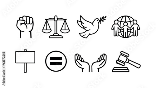Human rights protection: raised fist, balance scales, peace dove, globe with people, protest sign, equality symbol, open hands, justice gavel