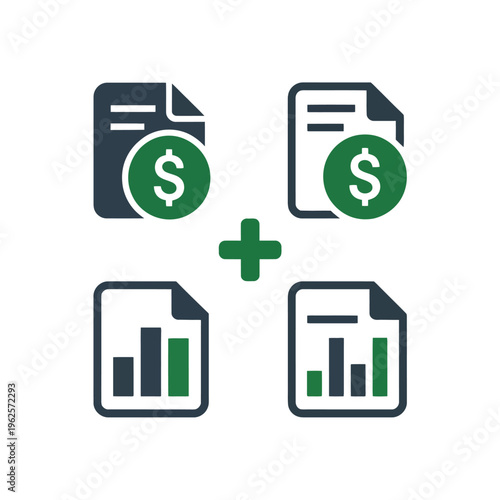 Financial documents icon set with money and graph illustrations