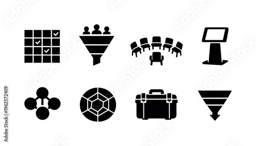 Market research field operations: sampling quota grid sheet, respondent screening funnel, focus group seating arc, survey tablet kiosk, segmentation cluster diagram, brand