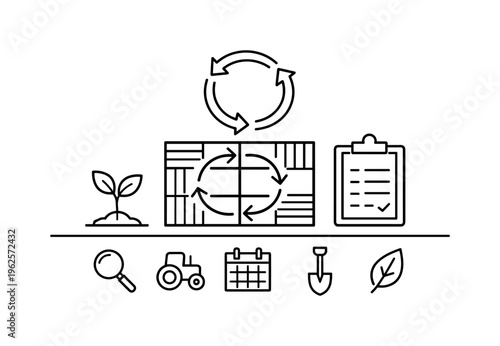 Crop rotation planning and field management for soil fertility balance and pest control in sustainable agriculture systems, field grid map, rotating arrows, plant sprout, clipboard