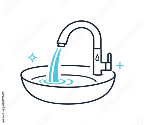 Preventing water splashes around sink areas during daily use focusing on cleanliness and controlled flow, a faucet with a gentle curved water stream directed into a basin