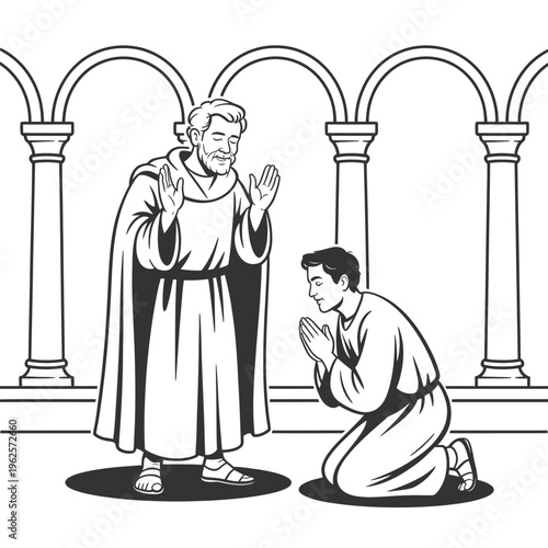 Monk blessing a kneeling man in a black and white illustration
