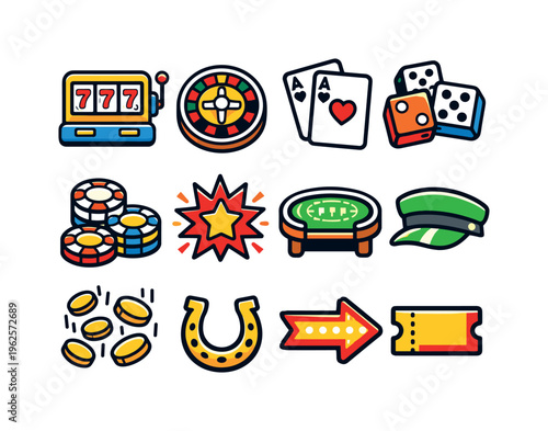Casino gambling entertainment: slot machine, roulette wheel, playing cards pair, dice cubes, poker chips stack, jackpot star burst, casino table, dealer visor cap, coin shower