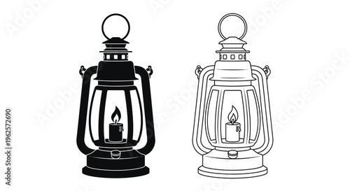 Two vintage kerosene lanterns in a striking black and white silhouette