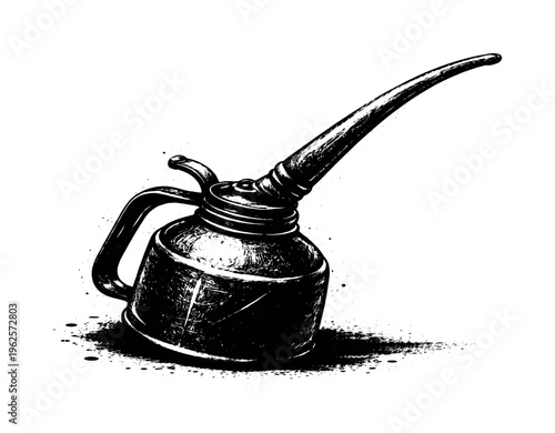 A vintage oil can with a long curved spout shown in three-quarter perspective, angled so the rounded body sits low while the slender spout arcs upward and