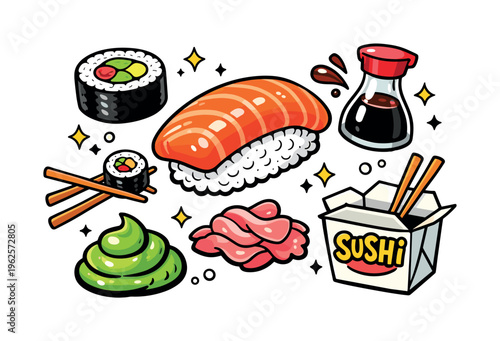 Sushi dinner themed collection of 7 bold, playful hand-drawn cartoon objects scattered freely on a white background at varying scales like a colorful sticker