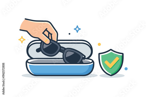 Placing a pair of sunglasses into a case after use as part of a daily habit focused on protecting personal items and staying organized, a glasses case with sunglasses being stored
