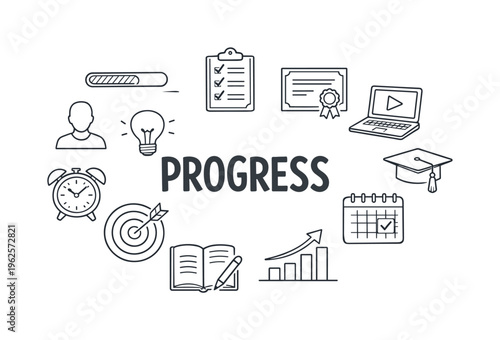 E-learning progress tracking and skill development concept focused on monitoring achievements, completing lessons, and advancing knowledge through structured online education
