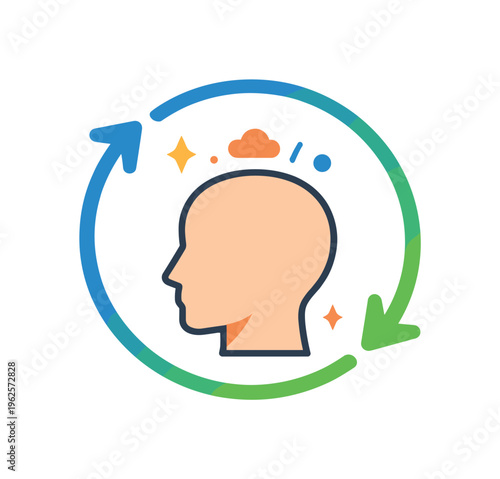 Mental reset and clearing thoughts after overload in a fast paced environment, a circular refresh arrow around a simple human head representing restarting mindset and removing