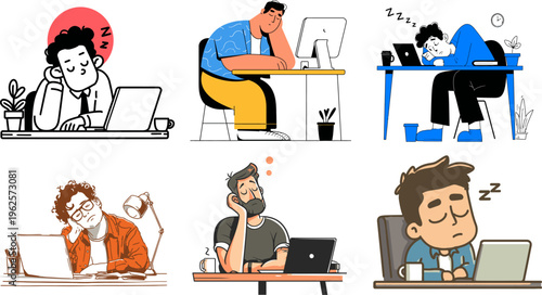 A group of tired office workers struggling with fatigue at their desks