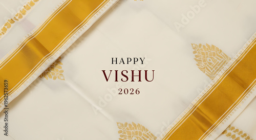 Kerala vishu background kasavu saree fabric gold border tradition new year celebration textile pattern ethnic culture white silk texture