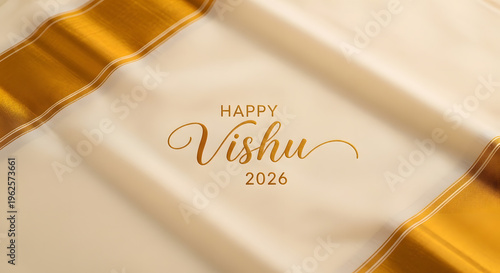 Happy vishu greeting kerala kasavu mundu fabric gold border tradition new year celebration textile background culture white silk cloth