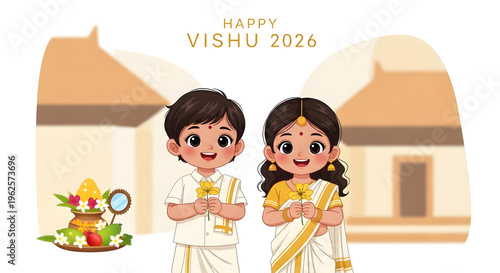 Vishu celebration cartoon child boy girl traditional dress temple background kani offering flower fruit illustration kerala new year greeting
