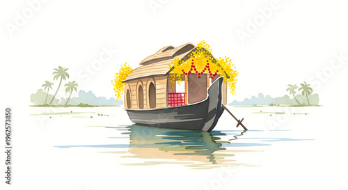 Watercolor kerala houseboat vishu festival decoration yellow flower kani konna garland backwater landscape river nature travel tradition artistic background