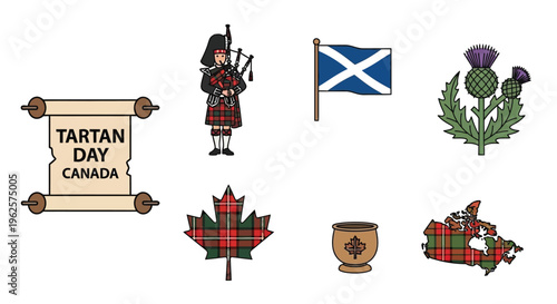 Illustrations representing canadian and scottish cultural symbols including flags and traditions