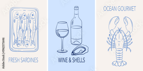 Minimalist Line Art Seafood Menu Panels: Sardines, Oyster and Wine, Lobster. Mediterranean cuisine posters