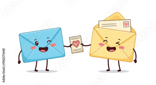 Two happy envelopes holding a love letter with heart smiling and winking colorful cartoon characters