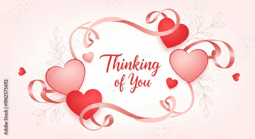 Valentine's day card design with red hearts ribbons and thinking of you message on pink background for love and care expressions