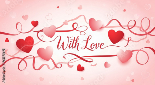 Valentine's day card design with 'with love' text and red hearts on pink background for romantic greeting