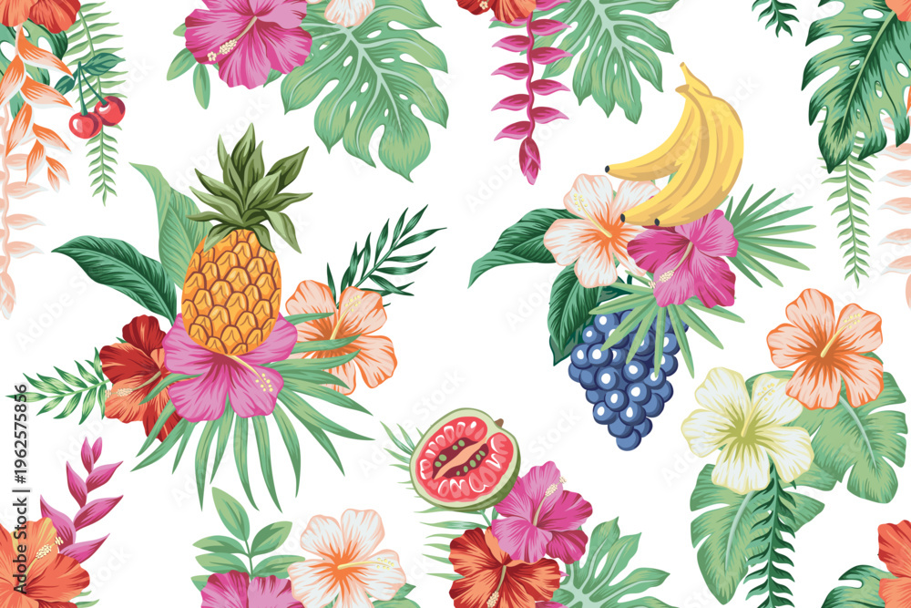 Fototapeta premium Hibiscus flower, cherry, pineapple, grape, banana fruit, palm leaves, seamless pattern.. Summer tropical exotic print.