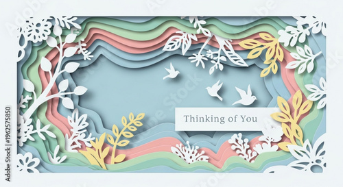 Colorful paper cutout design with birds and leaves thinking of you message