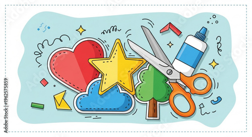 Colorful illustration of craft supplies with scissors glue heart star and cloud on blue background
