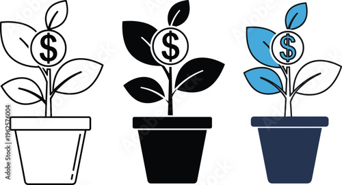 Vector illustration of growing plants with dollar signs in colorful pots