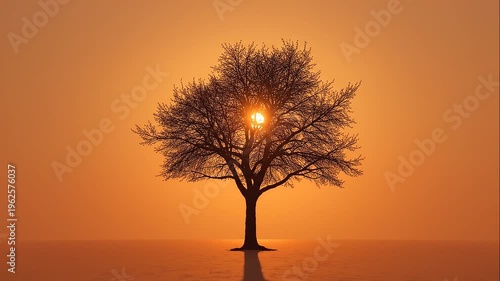 A solitary tree stands in calm water at sunset, silhouetted against a warm orange sky with sun shining through branches