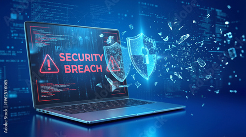 Laptop displaying security breach alert with shattered digital shield. Cyber attack and data protection concept.
