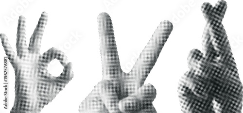Hand gestures symbolizing agreement, victory, and good luck, showing the OK sign, peace sign, and crossed fingers in black and white halftone pattern, expressive hand symbols.