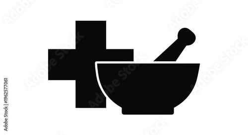 Black medical cross and mortar pestle a striking graphic silhouette