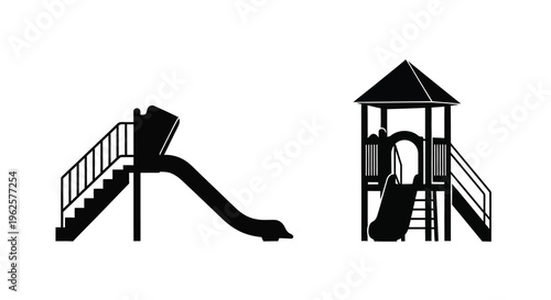 Black playground structure with a slide and tower bold silhouette