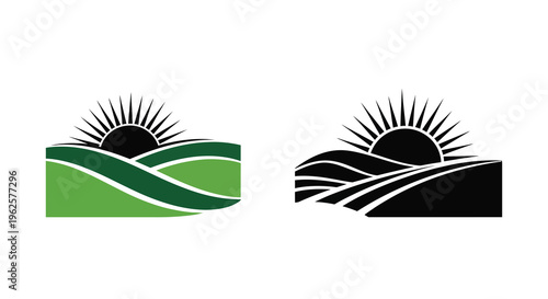 Green and black landscape with sun stylized design silhouette