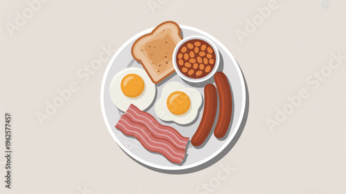 Delicious breakfast plate with eggs bacon sausage toast and baked beans on a white plate