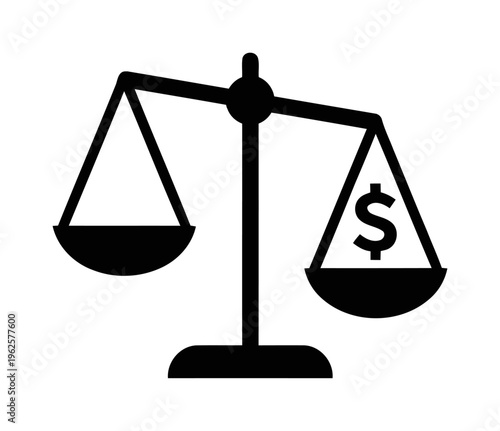 Unbalanced financial scale icon representing economic inequality | black silhouette of justice scales tipped by dollar symbol | minimalist vector illustration