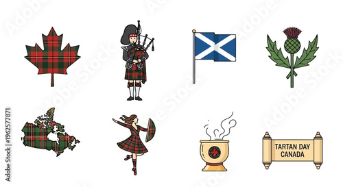 Scottish and canadian symbols maple leaf bagpiper flag thistle and dancer