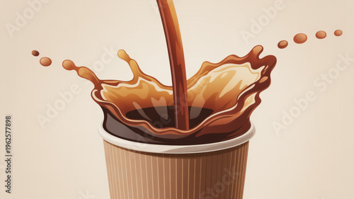 Brown liquid pouring into a disposable cup with a splash