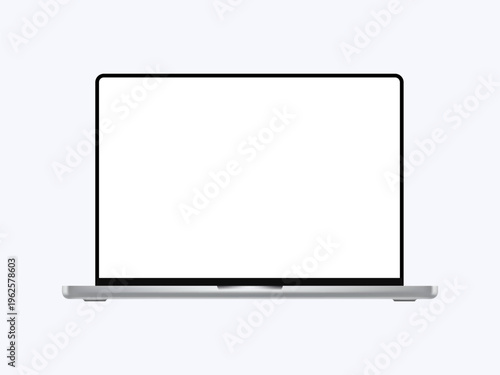 A modern laptop with a blank white screen mockup, imagined computer device front view, 3D realistic vector illustration. Notebook mockup for app presentations, UI design showcase, web advertisement
