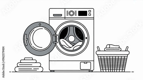 Laundry day essentials with washing machine folded towels and hamper