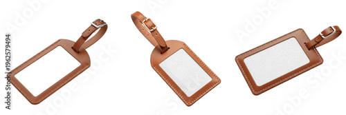 Fotografie Brown leather luggage tags set with blank white paper insert isolated on white b