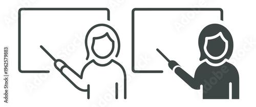 teacher presentation line icon, education training instructor pointing at board, classroom lecture vector symbol on transparent background